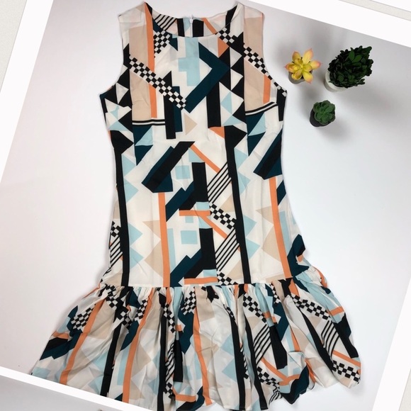 CREE GREEN MUSTARD MULTI GEO RUFFLE SLEEVELESS DRESS - Picture 3 of 9